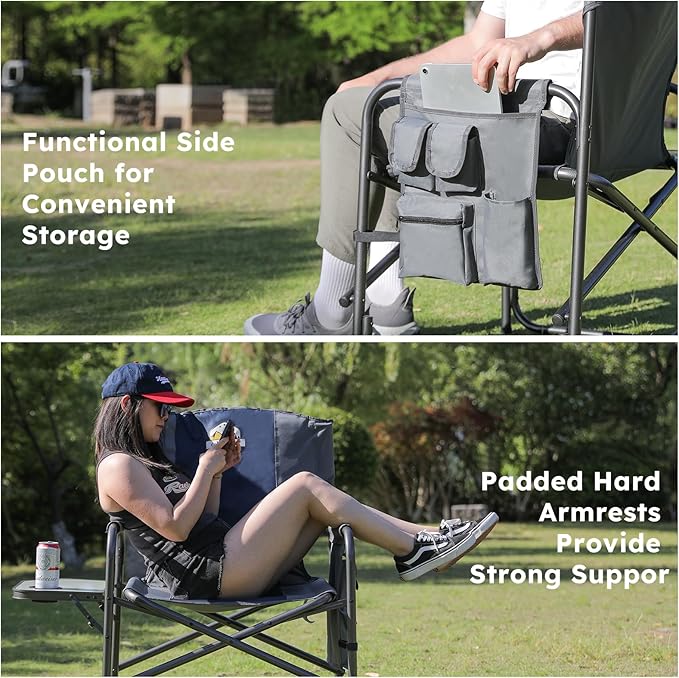 Colegence Oversized Directors Camping Chair Support 600 LBS, Heavy Duty Folding Outdoor Chairs with Detachable Side Pocket and Adjustable Side Table for Outside Beach,Lawn,Fishing (Blue)