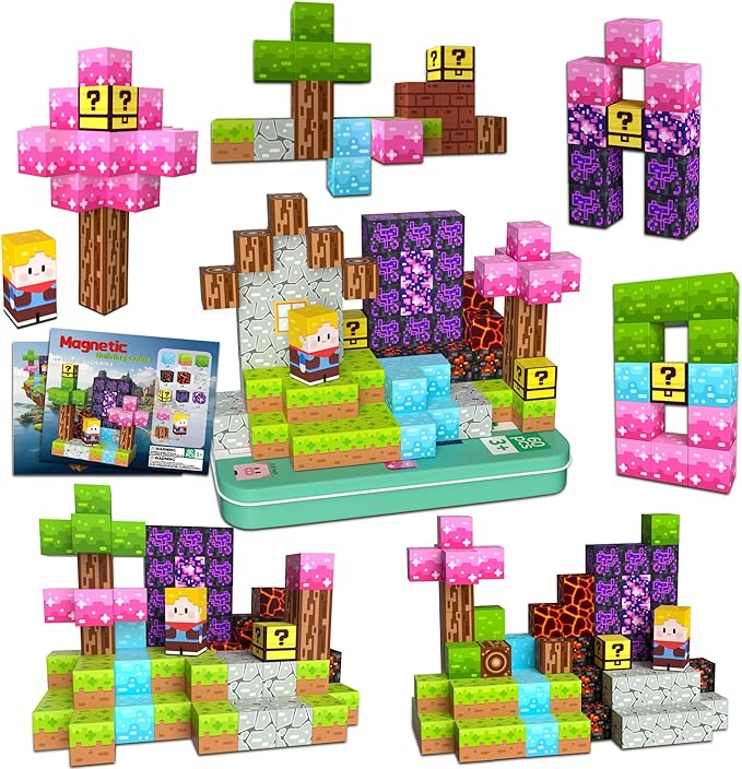 Magnetic Blocks Minecraft-Style Magnetic Building Blocks Cubes - 60PCS Tin Box Travel Magnet Toys Set STEM Educational for Kids Ages 3 4 5 6 7 8 9 10 11 12 Year Old Boys Girls Gifts birthday christmas