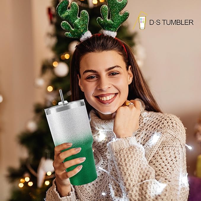D·S 30 oz Tumbler Christmas Green Glitter Gradient Cup Stainless Steel Double Wall Vacuum Insulated Mug with Straw and Lid, Cleaning Brush for Cold and Hot Beverages
