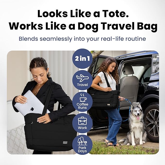 rubyloo Puffer Dog Travel Bag for Dog Moms – Doggy Diaper Bag with Pet Bowls & Food Storage or Everyday Puffy Tote – Doggy Mom Gifts for Women – Lightweight, Travel-Ready Gift for Pet Lovers - Black