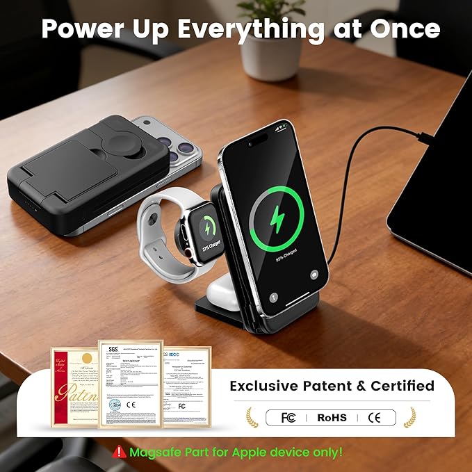 5-in-1 Portable Charger,10000mAh Foldable Power Bank Fast Charging Station USBC Cable Travel,for MagSafe Battery Pack Magnetic for iPhone 17/16/15/14/13/12,Apple Watch,Airpods,MatteBlack