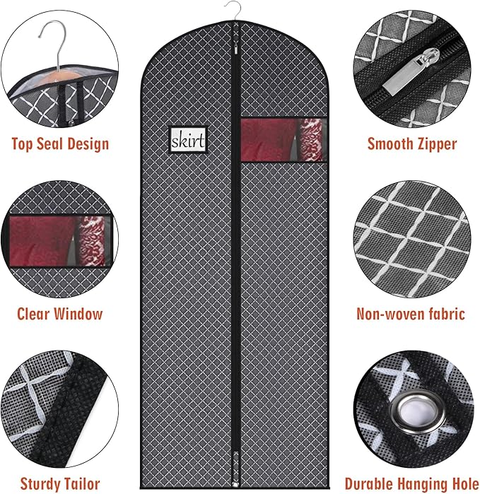 Univivi 60 Inch Lightweight Garment Bag for Hanging Clothes, Full Zipper Dress Bags for Gowns Dress Cover with Clear Window and ID Card Holder for Suits, Long Dress, Coats, 10 Pack, Black