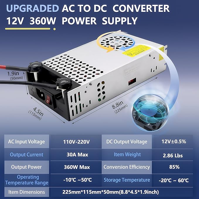 110V 120V to 12V Converter 30A 360W, AC to DC 12V Power Supply, 110V AC to 12V DC SMPS Voltage Transformer for LED Strip Light, 3D Printer, CCTV, Motor, Pump, Air Compressor (12V-30Amp-360W, 12V)