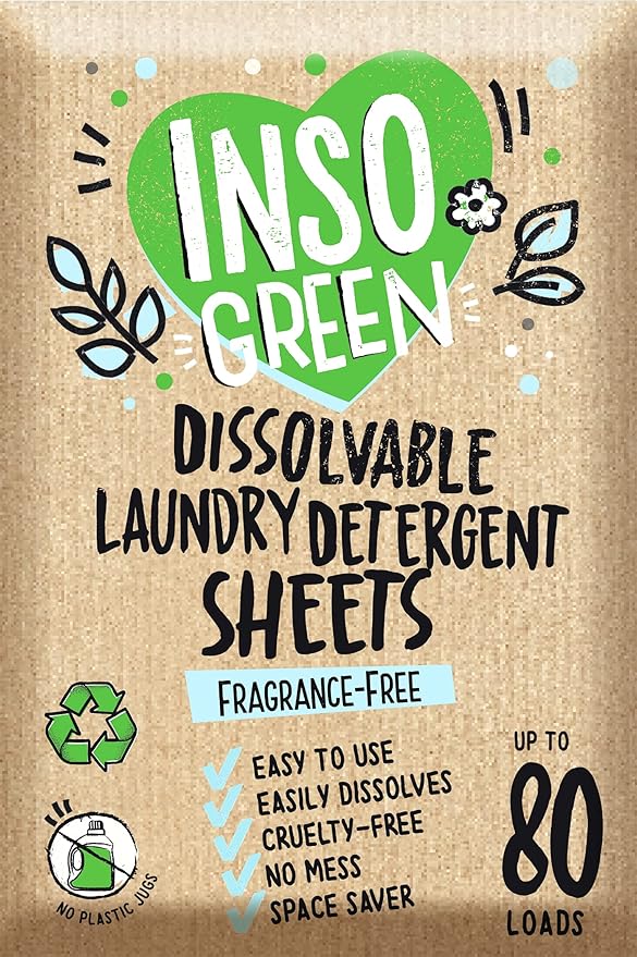 InsoGreen Unscented Laundry Detergent Sheets - 40 Eco Sheets for Up to 80 Loads - Fragrance-Free, Zero Plastic Packaging, Travel Laundry Detergent