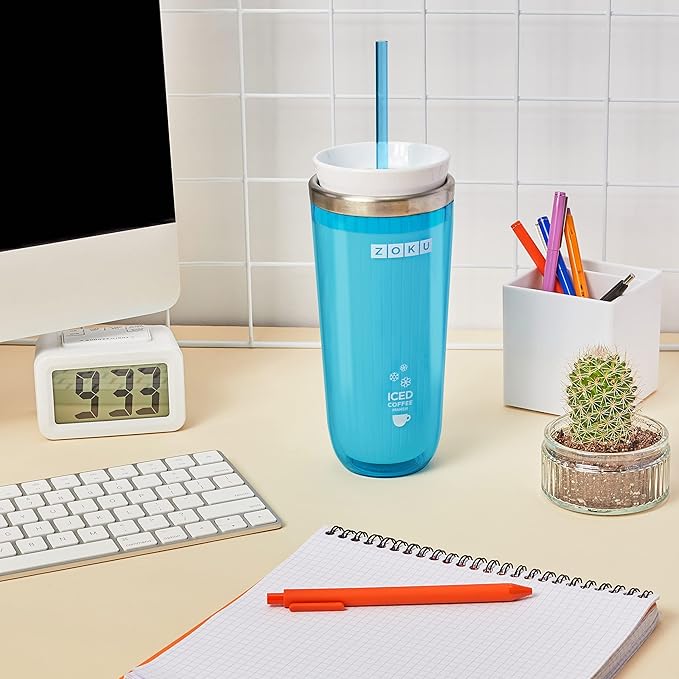 Zoku Instant Iced Coffee Maker, Reusable Beverage Chiller Cools Hot Beverages in Minutes Without Dilution, Portable 11-ounce Tumbler With Spill-resistant Lid and Straw, Teal