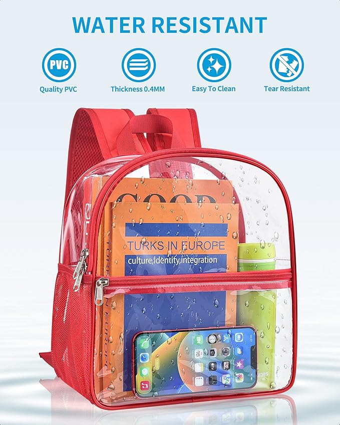 Paxiland Clear Backpack Stadium Approved 12×12×6 with Reinforced and Wider Shoulder Straps, Small Clear Bag for Schools, Concerts, Work, Festivals and Sporting Events - Red