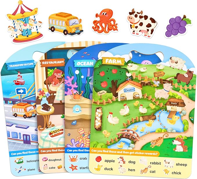 JoyCat Reusable Sticker Book Set (4-Pack), Kids Sticker Activity Books, 120+ Stickers for Toddlers, Travel Toys for Car Airplane Road Trips, Preschool Educational Learning Gifts for Boys Girls