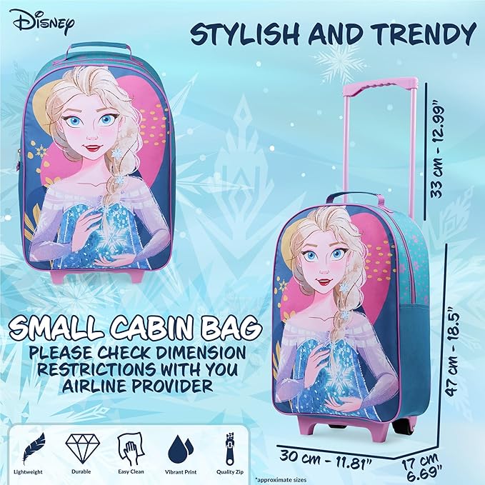 Disney Kids Rolling Luggage 16.0×11.6 in, 16‑L Carry‑On Suitcase with Wheels, Foldable Lightweight Travel Bag, Gifts for Kids (Blue Elsa)