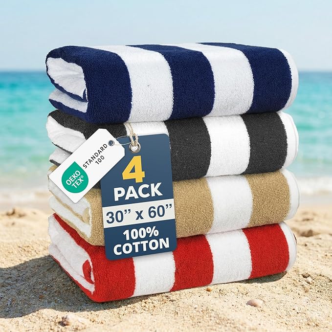 LANE LINEN Beach Towels 4 Pack - Premium 520 GSM Beach Towel, (30" x 60") 100% Cotton Pool Towel for Adults - Qick Dry Large Towels, Soft & Highly Absorbent Set for Travel & Vacation - Ocean Breeze