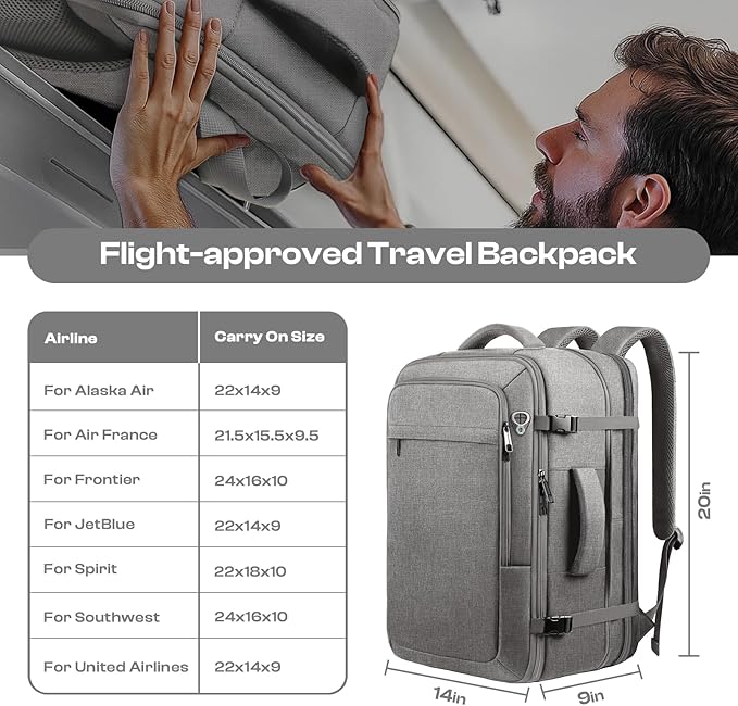 Travel Laptop Backpack, Extra Large 40L-50L Backpack, Laptop Backpack for Men, Water Resistant TSA Airline Approved Business Work 17.3 Computer Bag, Grey