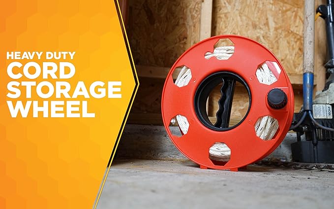 Woods Heavy Duty Cord Storage Wheel - Holds Up to 125 Feet of 16/3 or 110 Feet of 14/3 Gauge Cord - Tangle-Free Design for Extension Cords, Rope, or Hose - Orange/Black