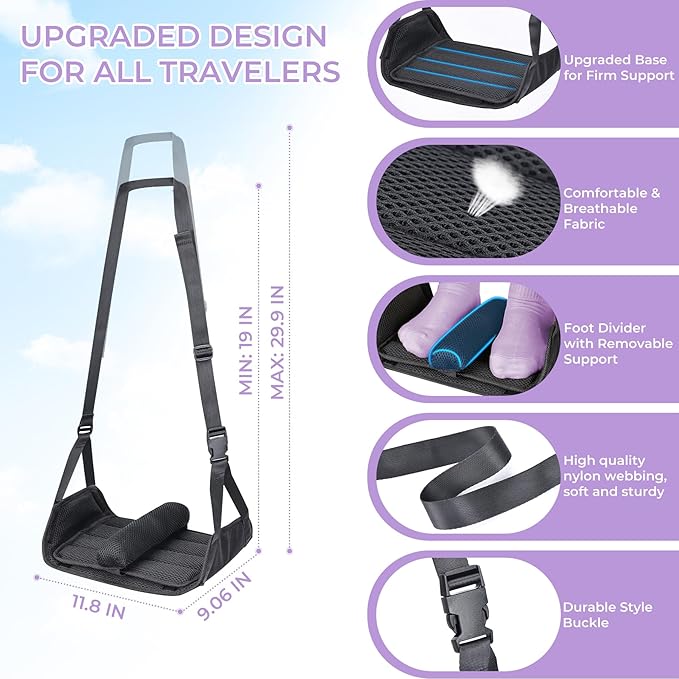 Babenest Airplane Foot Hammock, Foldable Leg Rest Support with Adjustable Strap and Thicken Bottom, Portable Under Desk Flight Footrest Holder for Air Travel, Office & Car