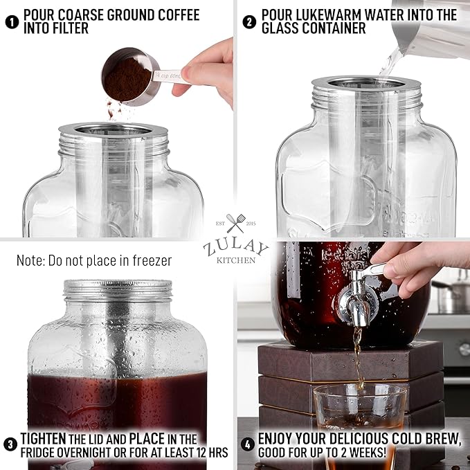 Zulay 1 Gallon/128oz Cold Brew Coffee Maker – Thick Glass Pitcher with Stainless Steel Filter, Lid & Spout – Large Mason Jar Container Dispenser - Iced Coffee & Sun Tea Brewer for Fridge – Silver