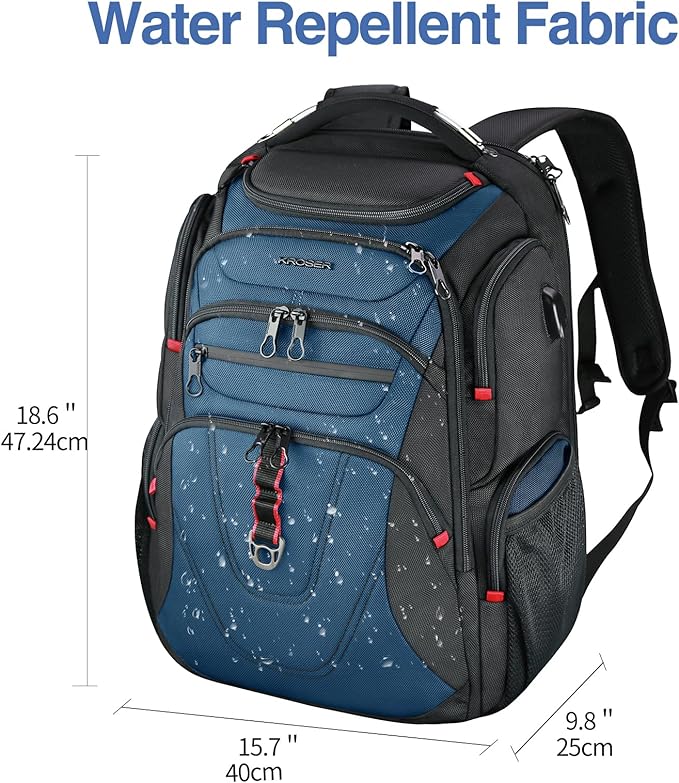 KROSER TSA Friendly Travel Laptop Backpack 17.3 inch XXXL Gaming Backpack Water-Repellent College Daypack Business Backpack with RFID Pockets & USB Port for Men/Women-Black/Haze Blue