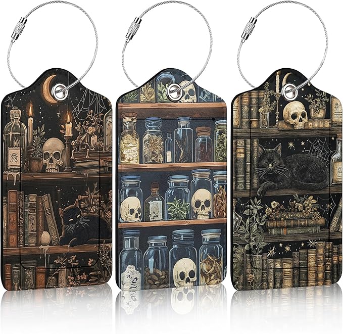 3 Pack Goth Skull Bookshelf Luggage Tags for Suitcase Black Cat PU Leather Travel Luggage Tag Privacy Cover ID Label for Women Men Baggage Backpack Handbag School Bag