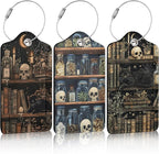 3 Pack Goth Skull Bookshelf Luggage Tags for Suitcase Black Cat PU Leather Travel Luggage Tag Privacy Cover ID Label for Women Men Baggage Backpack Handbag School Bag