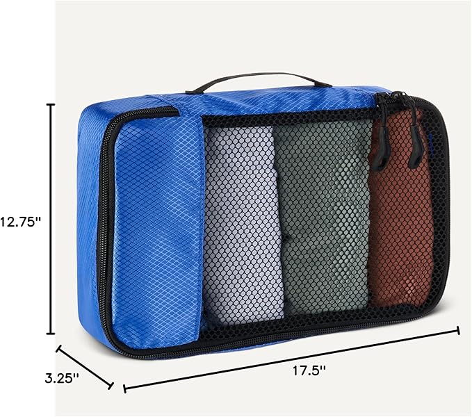 Amazon Essentials 4-Piece Packing Cubes Travel Accessories Set, Space-Saving Luggage Organizers with Double Zipper, Mesh Top, Small/Medium/Large/Slim, Blue (Previously Amazon Basics)