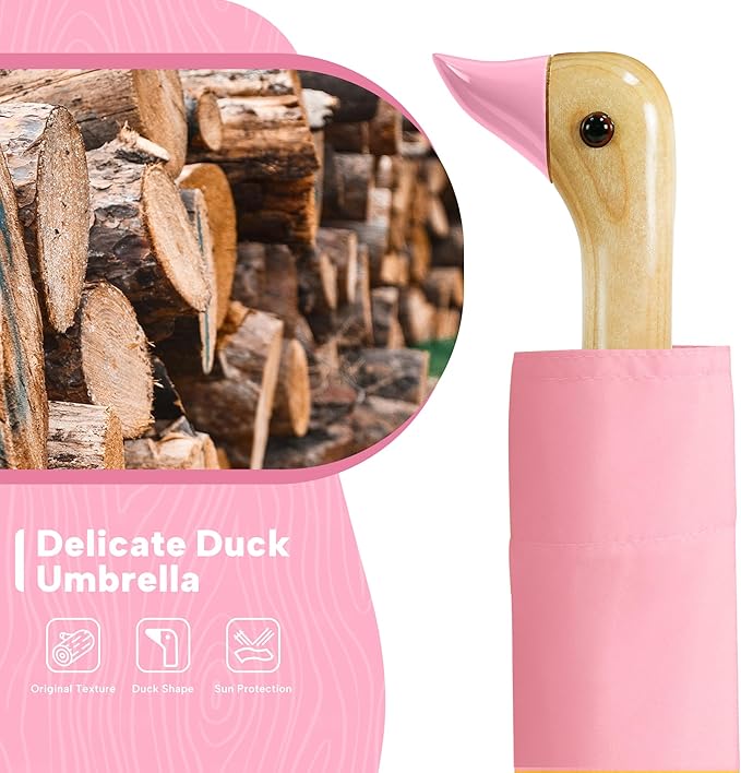 Compact Small Umbrellas for Rain&Sun, Cute Design Duck Head Umbrella for Girls Gifts, 8 Ribs Folding Umbrella with Wooden Handle
