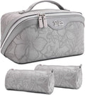 BOYATU Travel Makeup Bags Cosmetic Organizer Bag: 3-Set Large Capacity Make up Bag - PU Leather Toiletry Bags for Women - Wide Open Portable Pouch with Divider & Handle (16-Grey-2)