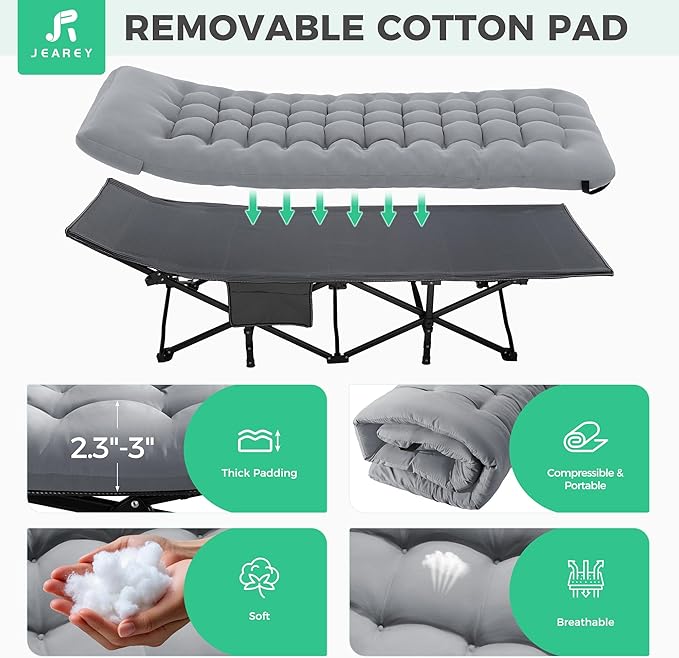 JEAREY Camping Cot for Sleeping 28" Extra Wide, Heavy-Duty 1200D Oxford Foliding Cots for Adults Portable with Mattress, Carry Bag for Guest, Travel, Hiking, Light Gray
