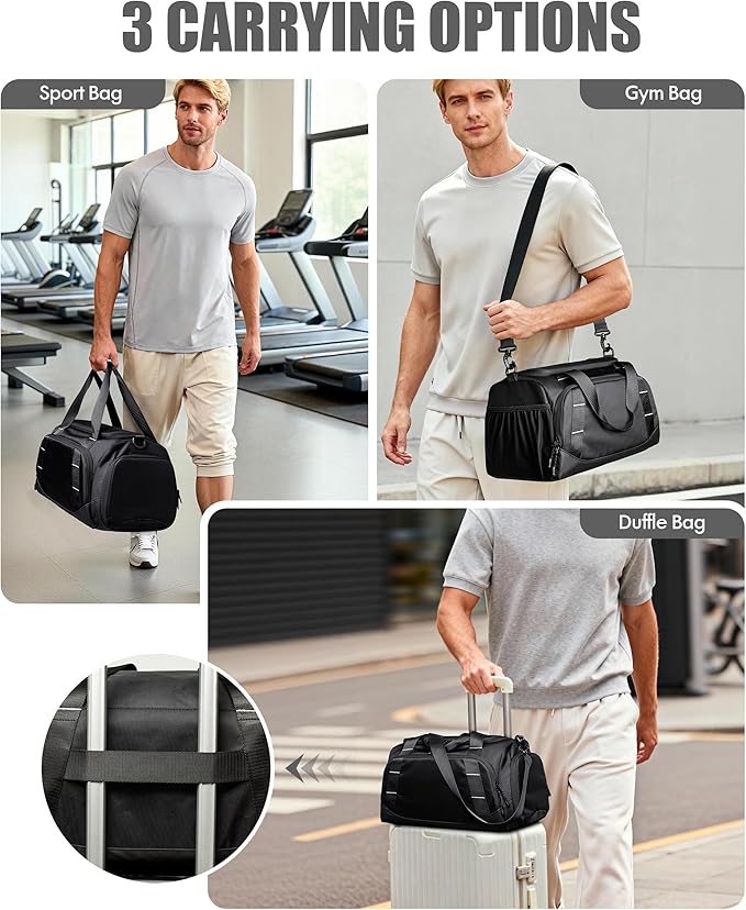Small Gym Bag for Men, Travel Duffle Bag with Shoe Compartment, 16L Carry On Weekender Duffel Bag for Sports, Workout and Travel, Black