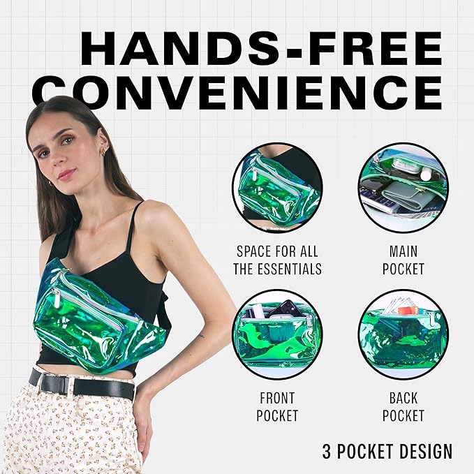 Fanny Pack Belt bag - Crossbody Waist Bag for Men or Women - Hands-Free, Waterproof Large Bumbag for Hiking, Running, and Travel (Holographic Transparent - Aqua)