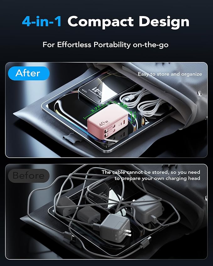 Retractable USB C Charger Wall Plug with 35.5in/90cm Type C Cables Cords,40W Fast Charging Foldable Block Multi Charger for All Devices for iPhone 17/16/15/14/13/12,iPad,Galaxy,Pixel
