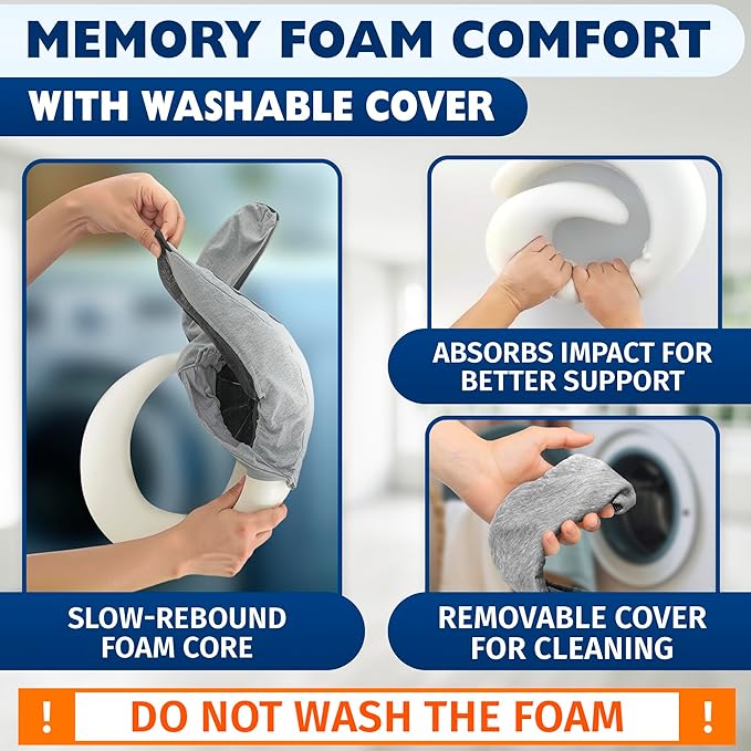 Travel Neck Pillow – 4-in-1 Set | Adjustable Memory Foam Airline Pillows for Sleeping on Long Flights, Earplugs, Eye Mask, & Cover | Cotton Cover, Hook-and-Loop Closure – Car and Train Use, G-Shaped