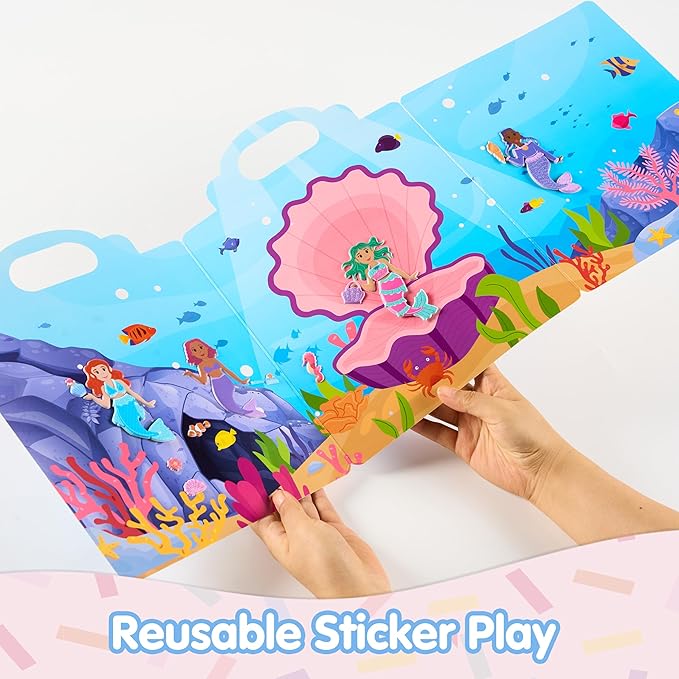 JOYIN 3 Sets Dress-Up Reusable Sticker Book for Toddlers, 3D Sticker Book for Kids 3 4 5, Travel Essentials, Airplane Activity Toys, Crafts Gifts, Birthday Gifts - Fashion, Mermaid, Princess