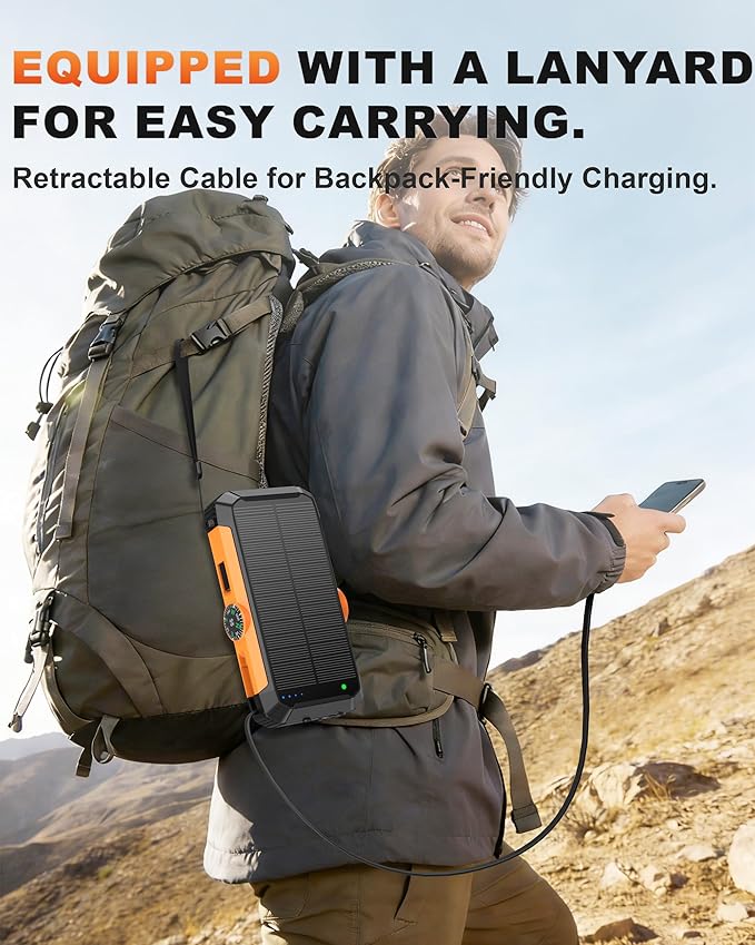 Solar Power Bank with Hand Crank and Retractable Cables, 20000mAh Wireless Portable Charger with USB-C & Camping Light, 25W Fast Charging Battery Pack for iPhone, iPad, Samsung, All Mobile Phones