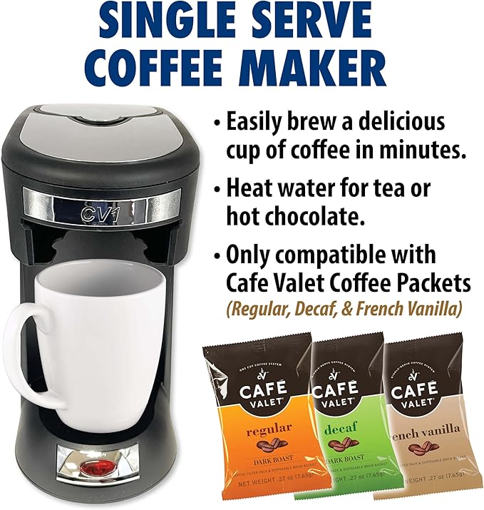 Café Valet Single Serve Coffee Maker, Brews 10 Ounces of Coffee or Hot Water, Compatible with Café Valet Coffee Packs