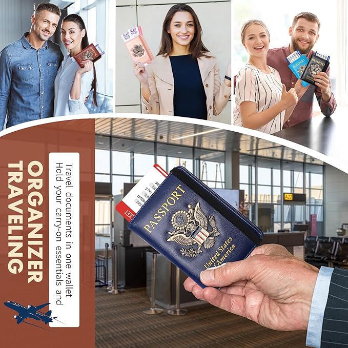 2 Pcs Passport Holder for Travel with Card Slot RFID Blocking Leather Family Passport Wallet Travel Accessories for Men and Women (Blue and Black)
