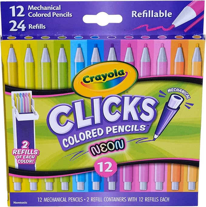 Crayola Clicks 2.0mm Mechanical Colored Pencil Set, 12 Neon Colors, Coloring Pencils for Kids, No Sharpen, 24 Replacement Cores, Ages 5+