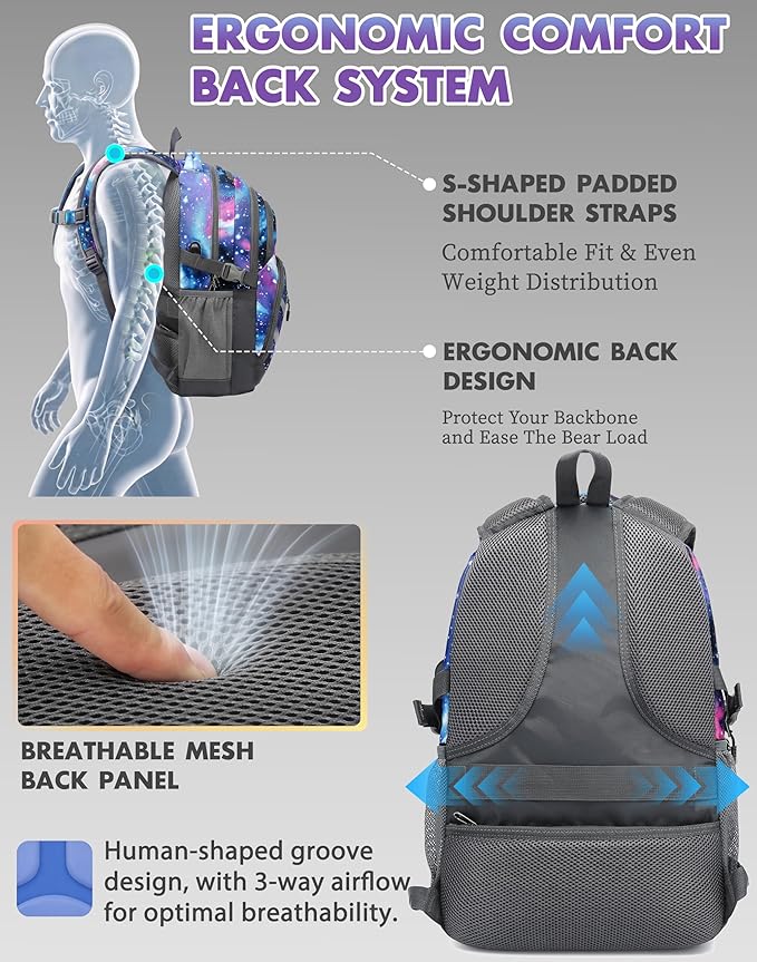ProEtrade Backpack Bookbag for College Laptop Travel,Fit Laptop Up to 15.6 inch with USB Charging Port Multi Compartment Anti theft, Gift for Women Men (Galaxy)