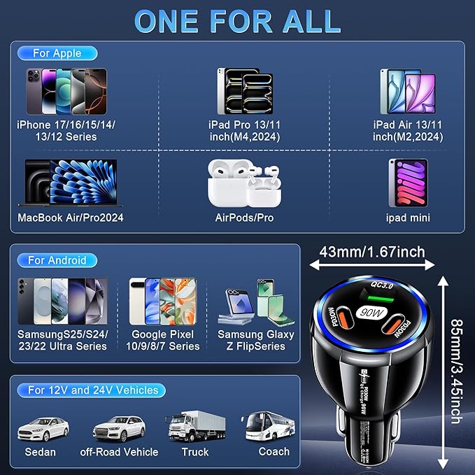 Amiss Car Charger Adapter, 3 Port USB-C & USB-A 90W Fast Charger, Car Interior Accessories, Cigarette Lighter Fit for iPhone 17/16/15/14Pro Max, Samsung Galaxy S25 / S24 iPad, Pixel, Android-Black 2pc