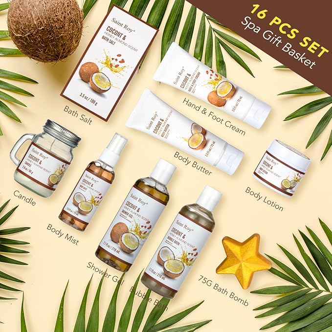 Mothers Day Gifts for Women, 26Pcs Coconut Honey Almond Spa Gift Basket for Women & Men Spa Gift Bask,Spa kit Bath and Body Basket Set, Large Home Spa Kit, Relaxing Self-Care Birthday Bridal Shower