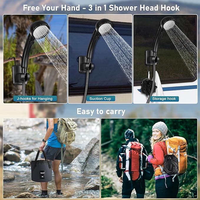 Spopal Portable Shower for Camping, Rechargeable Camping Shower with Collapsible Bucket with Handle 20L Intelligent LED Display, 4 Spray Modes, Outdoor Shower Kit for Hiking, Travel, Car, Pet 【Black】