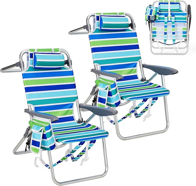 GarveeLife High Backpack Beach Chair for Adults 2 Pack, Lightweight Portable Lay Flat Folding Beach Chair with 5 Positions, Backpack Straps, Phone Pocket, Cup Holder, Cooler Pouch & Towel Bar