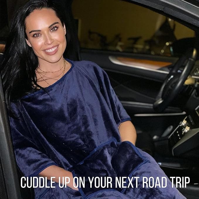 Kululu Travel Blanket and Pillow Set, Airplane Blanket Compact 2-in-1 Combo Set, Flight Essentials Poncho with Pocket, Pouch & Luggage Backpack Strap | Travelers Gifts Accessories 62"x45" (Space Blue)