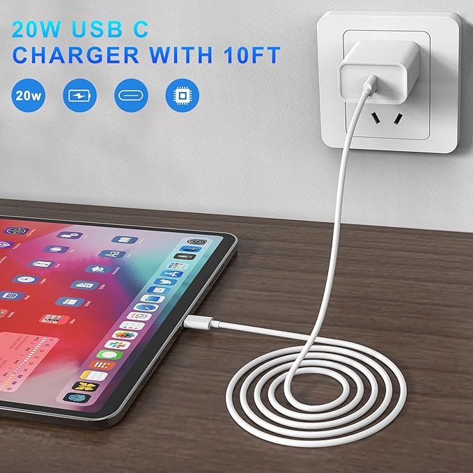 iPhone 17 16 15 Charger Fast Charging, 3 Pack PD 20W USB C Charger with 10FT Cord, USB C Cable Type C Chargers Block for iPhone 17/17 Pro/17 Pro Max/16/16 Plus/16 Pro/16 Pro Max/15/15 Pro（White）