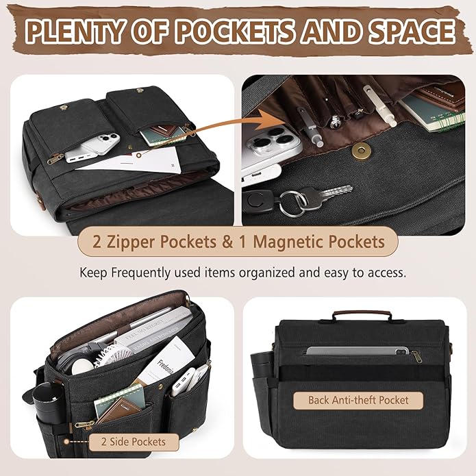 RAINSMORE Messenger Bag for Men 15.6-17.3 Inch Laptop Bag Water-resistant Canvas Briefcase Computer Satchel for Work College