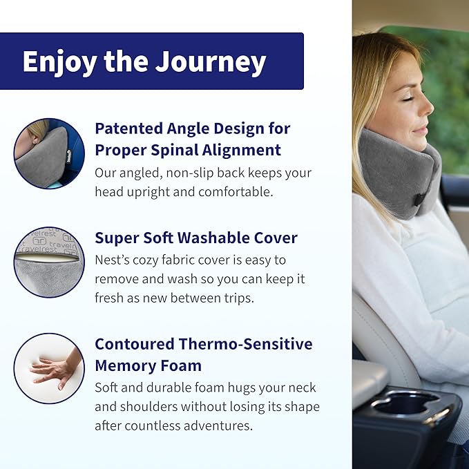 TRAVELREST Nest Neck Support Pillow - Travel Essentials, Memory Foam, Compact Travel Pillow for Long Flights, Plane Sleeping Accessories, Comfortable, Compact, Washable, Attaches to Luggage - Gray