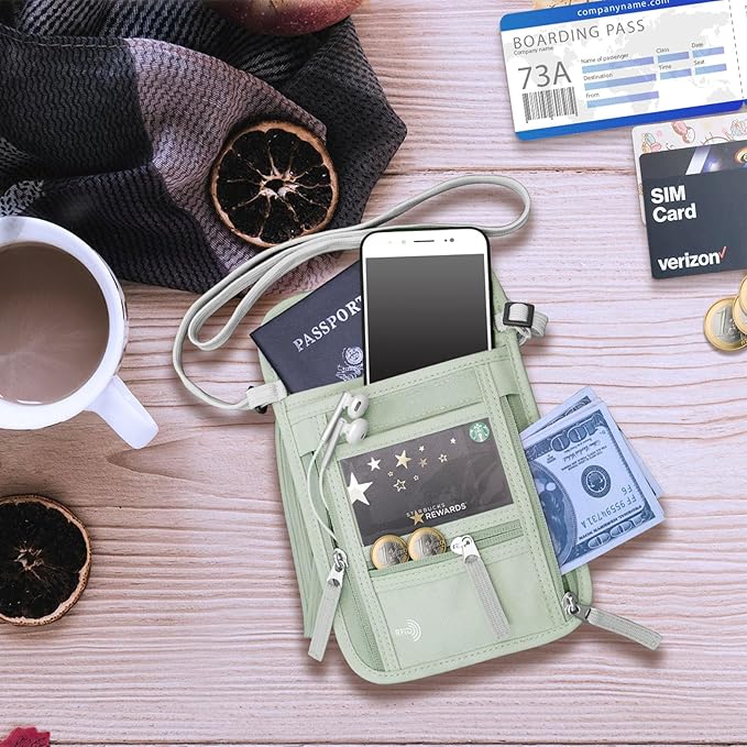 WALNEW Passport Holder Neck Pouch Travel Wallet for Women and Men, RFID Blocking Security Slim Traveling Wallet with Around Neck Lanyard Strap, Light Green