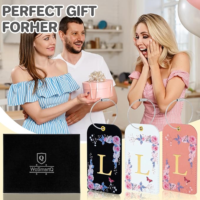 3 Pack Luxury Floral Luggage Tags, Durable PU Leather Suitcase Tags with Stainless Steel Cable Strap, Hidden ID Slot for Privacy Protection, Easy to Identify Waterproof Travel Accessories Gift (L)