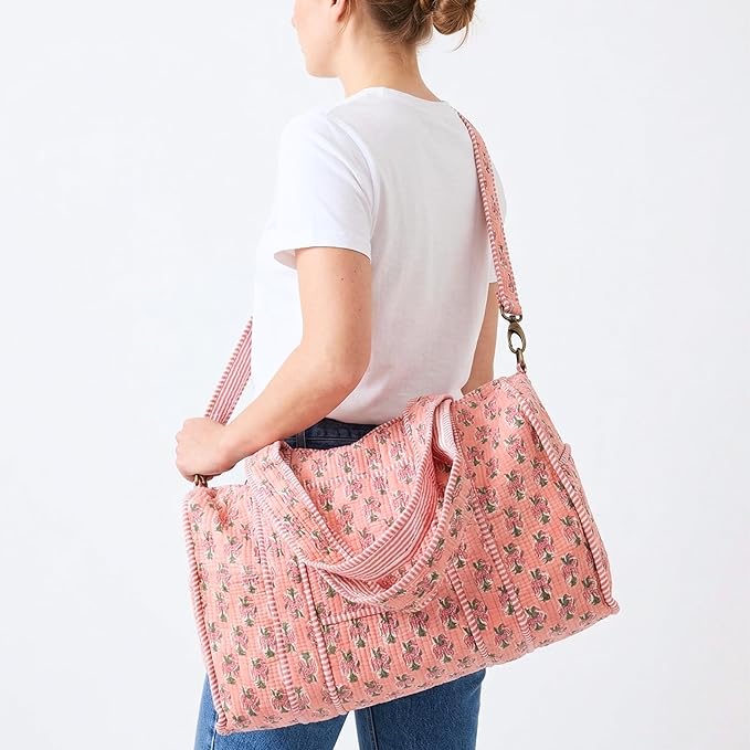 ATOSII Large Duffle Bag, Handblock Print 100% Quilted Cotton for Overnight Trip, Travel Weekender, Luggage, 2 Pockets with Zipper 1 Front Pocket, Detachable Long Strap, 20 X 10 X 12 Inches, Peach Aura