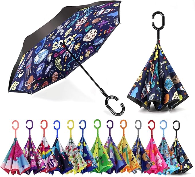 MRTLLOA 40/49/56 Inch Oversize Windproof Inverted Reverse Upside Down Umbrella, Golf Size Rain Umbrella, Double Layer, C-Shaped Handle for Men, Women and Kids