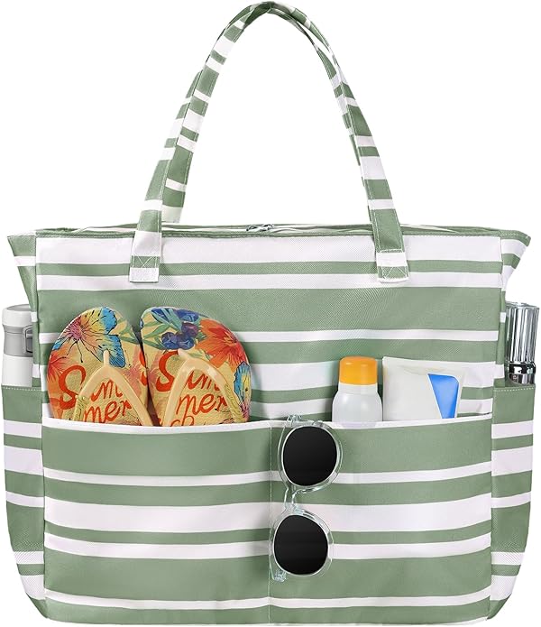 Trifabricy Beach Bags for Women Waterproof Sandproof Women Tote Bag, Large Beach Bag with Zipper for Gym Travel Vocation