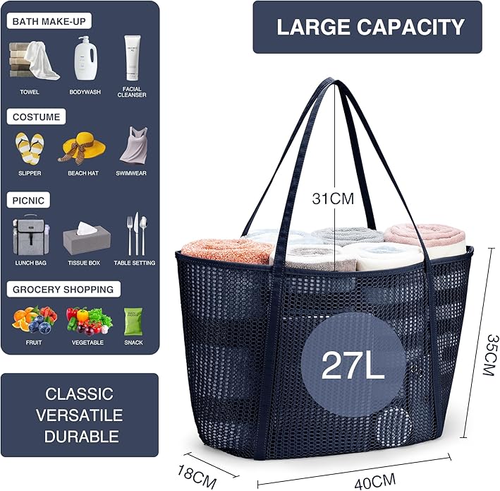 KALIDI Upgrade Version Beach Mesh Tote Bag MAX 27L Large capacity,Shoulder Bag Nylon Hobo Women Casual Foldable Beach Picnic