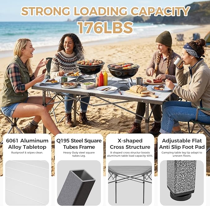 KingCamp Aluminum Camping Table Foldable, Large 53.5" Roll Up Camp Table Folding Seamless Tabletop Heavy Duty Duck Hunting Camping Tables Metal Portable Outdoor Collapsible for RV BBQ Picnic Hunting
