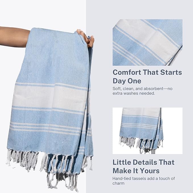 Cotton Turkish Beach Towel with Towels Oversized 36"x72" Pool Absorbent Extra Large Quick Dry Sand Travel Towel (Sky Blue, 4 Pack)